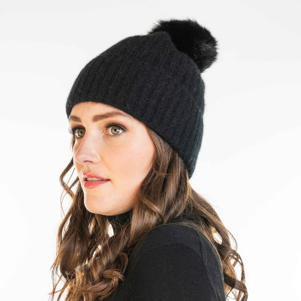 Possum Fur Pom Pom Beanie with Merino Possum