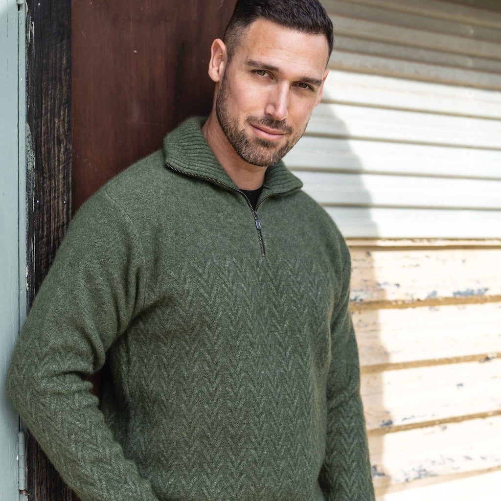 Chevron Zip Sweater Mens Merino Possum