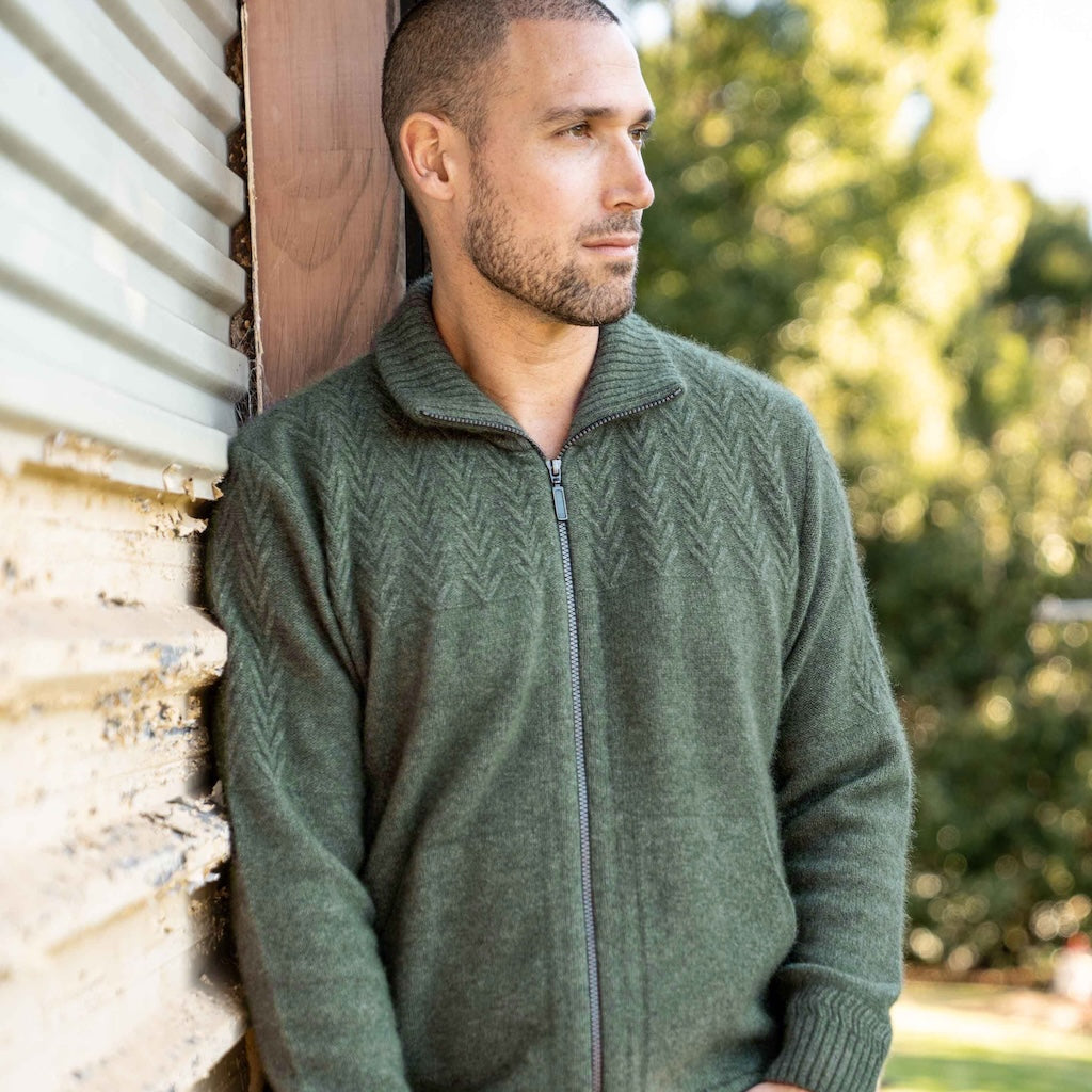 Chevron Zip Through Jacket Mens  Merino Possum