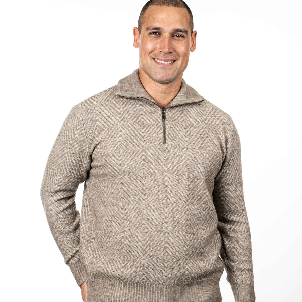 Men's Diamond Plated Zip Neck Sweater Merino Possum