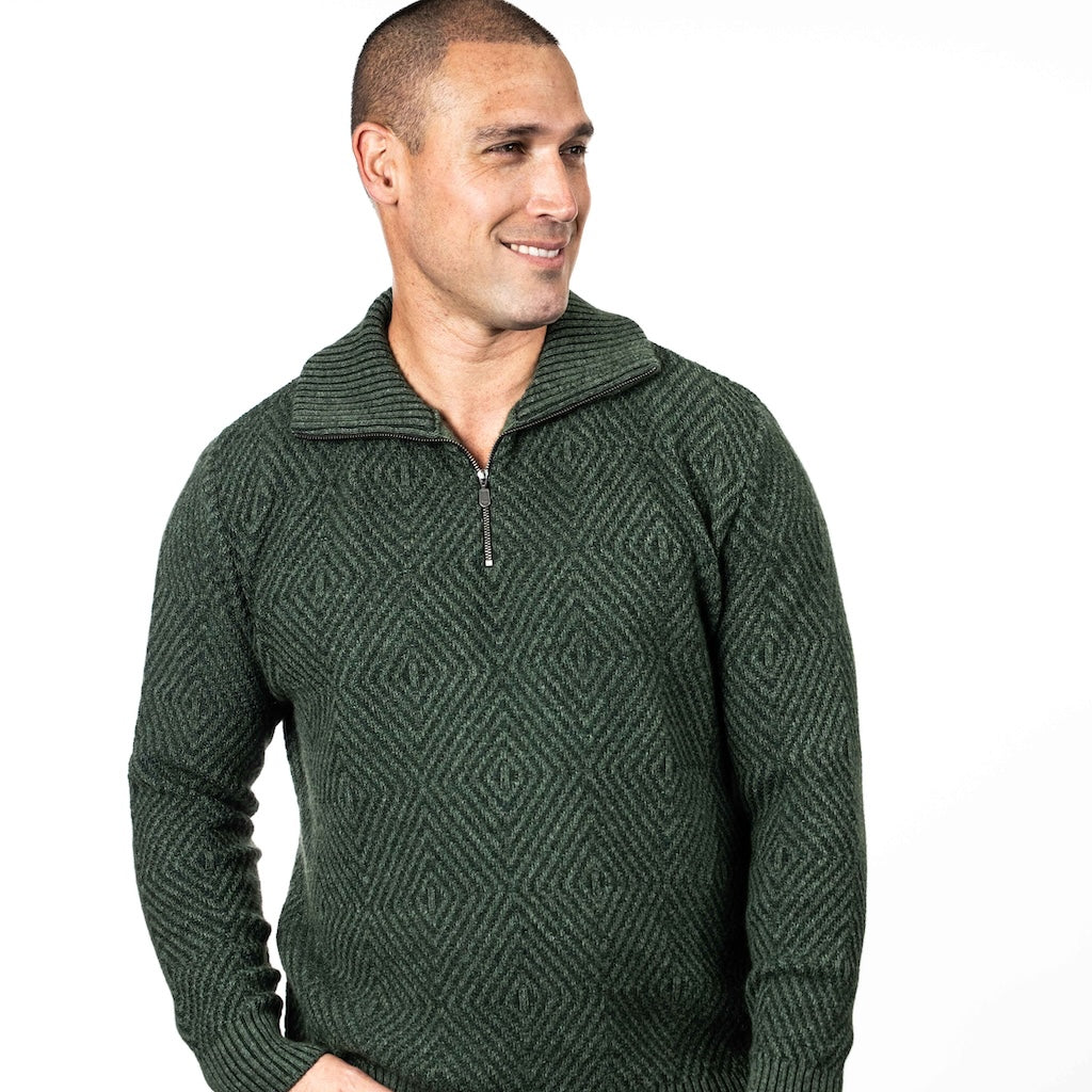 Men's Diamond Plated Zip Neck Sweater Merino Possum