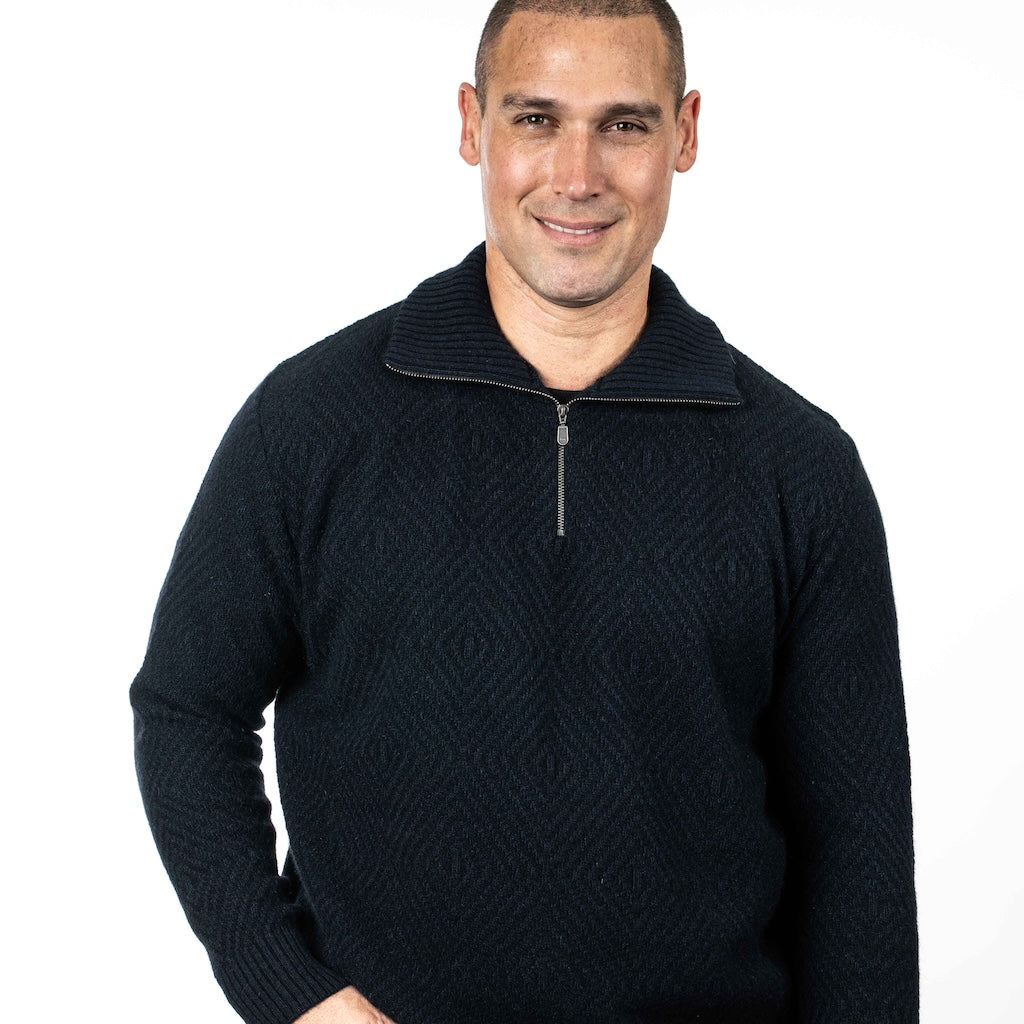 Men's Diamond Plated Zip Neck Sweater Merino Possum