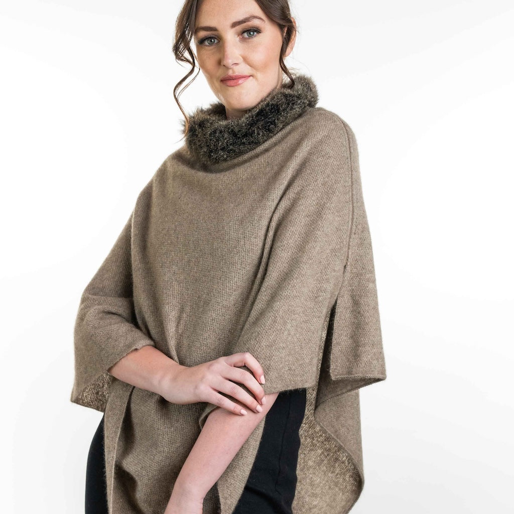 Fur Trim Ladies Poncho with Merino Possum