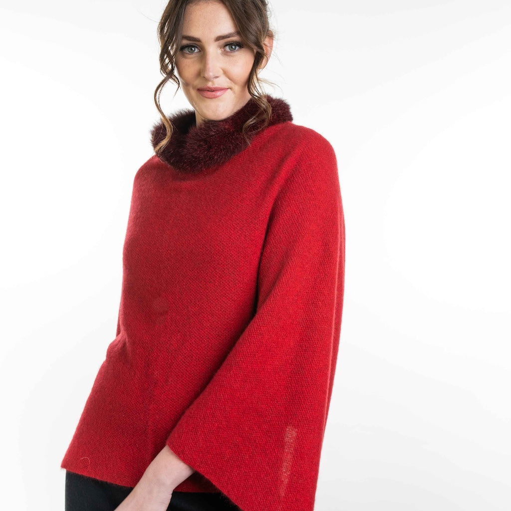 Fur Trim Ladies Poncho with Merino Possum