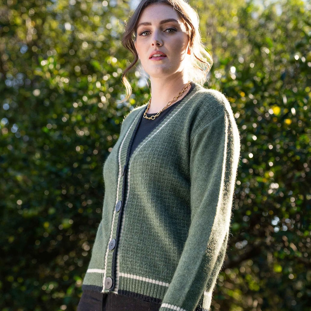 Contrast Textured Cardigan ladies Merino Possum